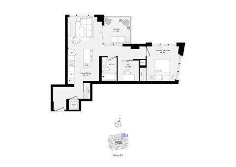 Floor plan for 1 bed, 1 bath, 682 sqft